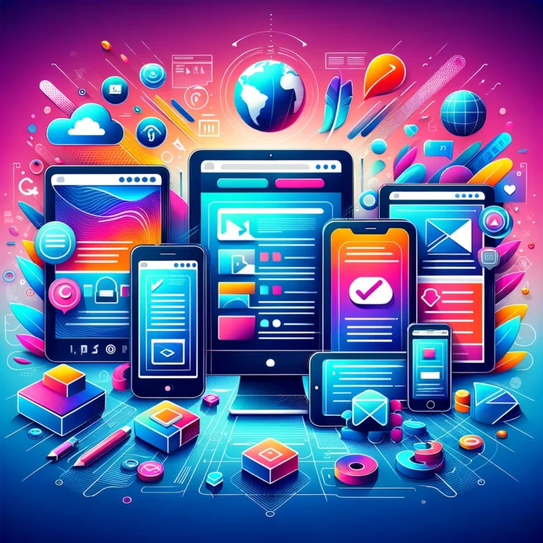 Illustration of responsive web design concept with desktop, tablet, and smartphone icons displaying adaptive website elements against a vibrant, modern background.